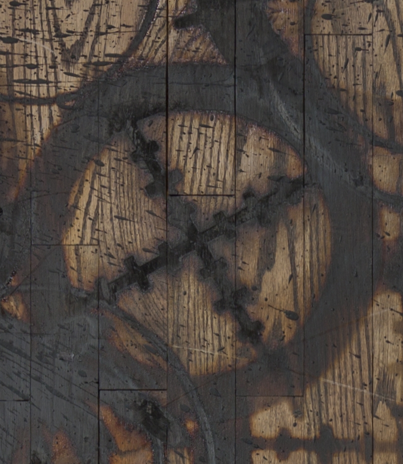 Tell it on the Mountain, 2013 (detail)
branded red oak flooring, black soap, and wax
144 x 180 x 3 inches
(365.8 x 457.2 x 7.6 cm)

&amp;nbsp;