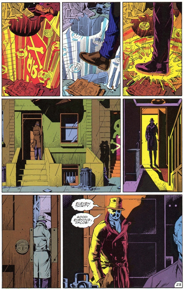 Panel from Watchmen,&amp;nbsp;No. 5 of 12,
January 1987, DC Comics, Story: Alan Moore, Illustrator/letterer: Dave Gibbons, Colorist: John Higgins