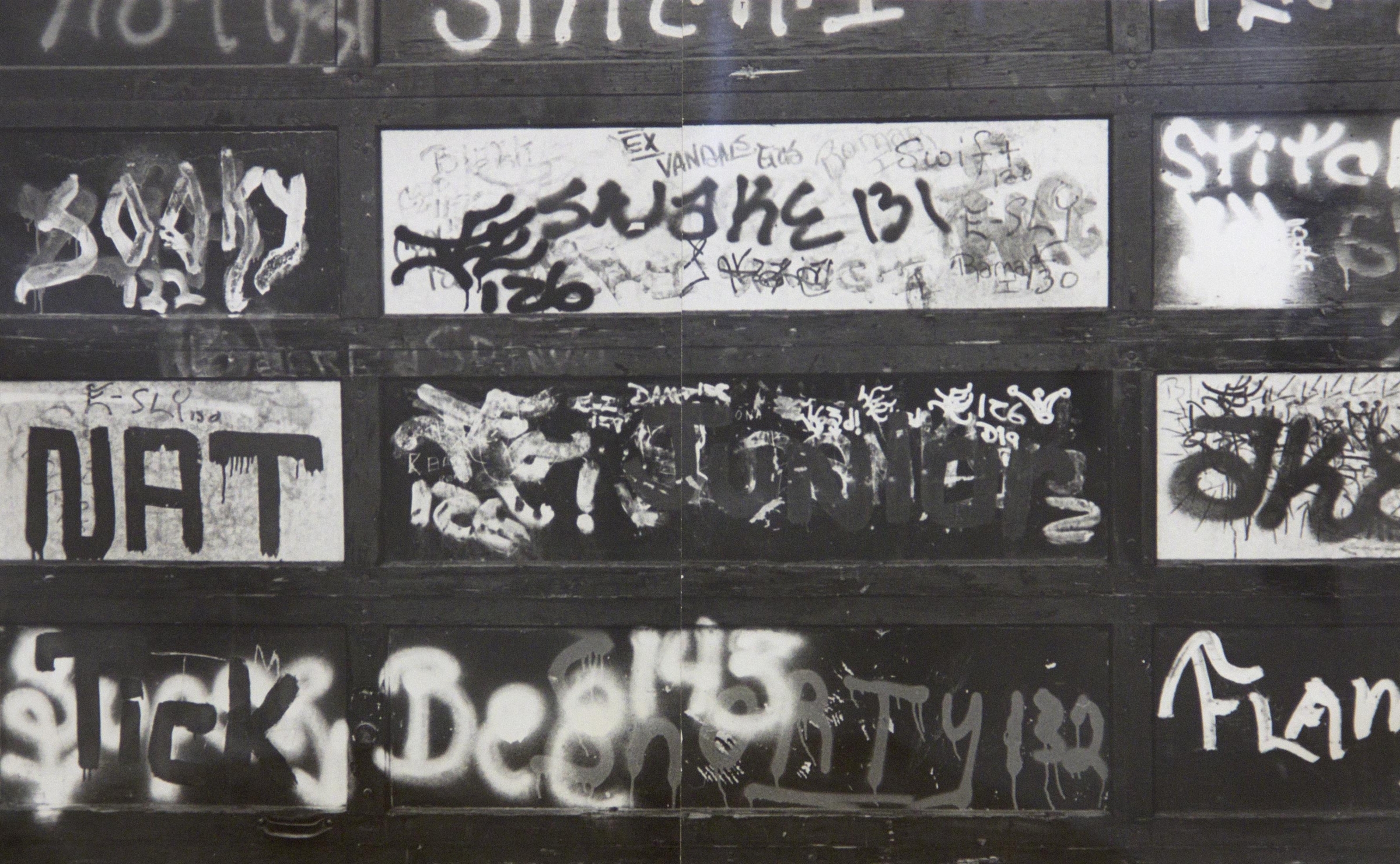 Gordon Matta-Clark
Graffiti (Nat), 1973
black and white diptych photograph&amp;nbsp;
20 x 31 3/4 inches
&amp;copy; 2020 Estate of Gordon Matta-Clark / Artists Rights Society (ARS), New York
Courtesy The Estate of Gordon Matta-Clark and David Zwirner