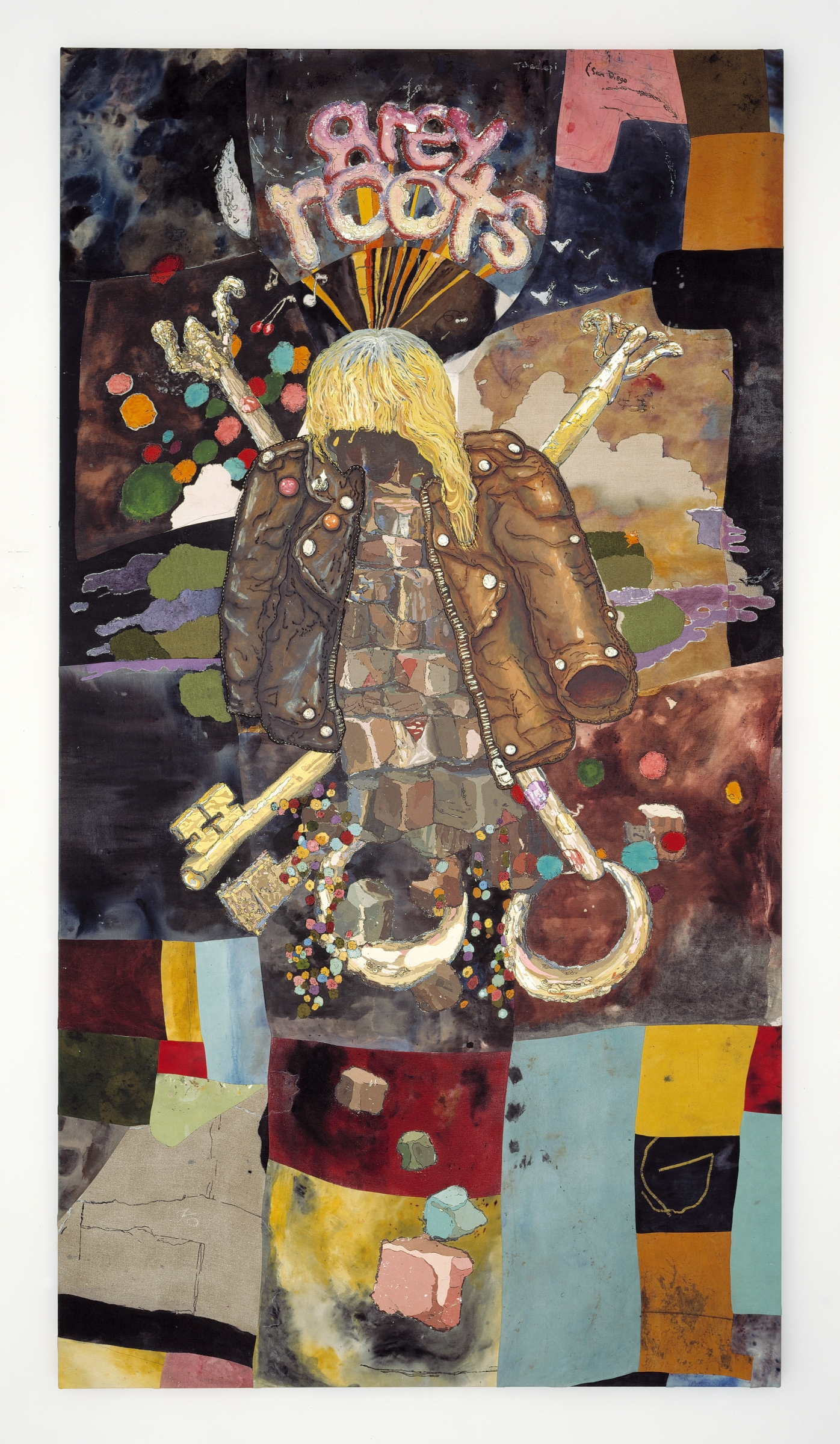 Ivan Morley
Tehachepi, (sic), 2007
oil, acrylic, dye, thread, leather, and UV varnish on canvas, cotton, and linen
115 1/2 x 62 1/2 inches
(293.4 x 158.8 cm)
Photo by Joshua White